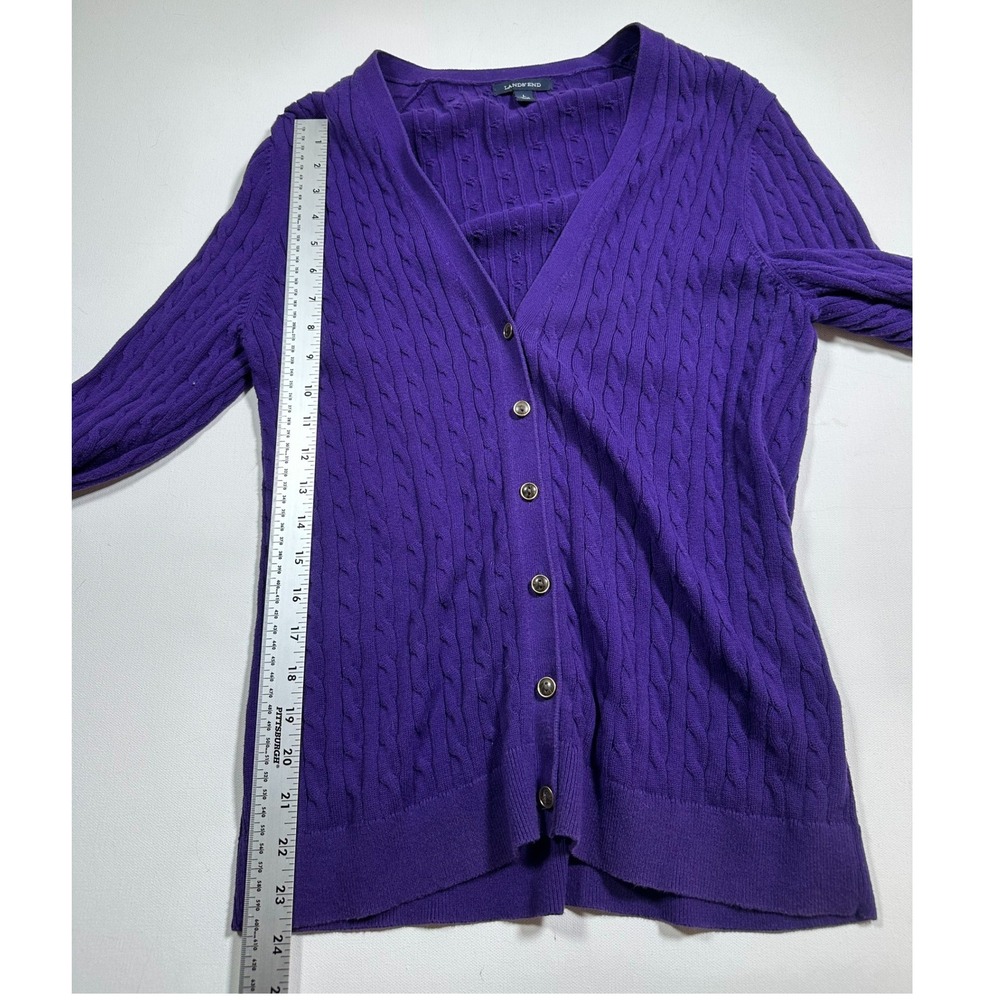 Lands End Cardigan Women L Purple Cable Knit V-Neck Button Front Sweater Classic - Picture 3 of 6